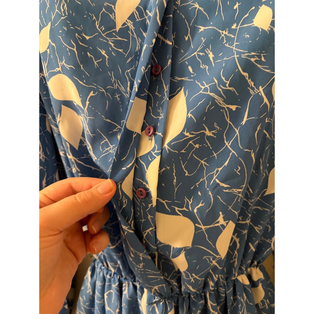Vintage ILGWU USA Blue White Leaf Print Smocked Prairie Secretary Dress 7/8 - Picture 5 of 11